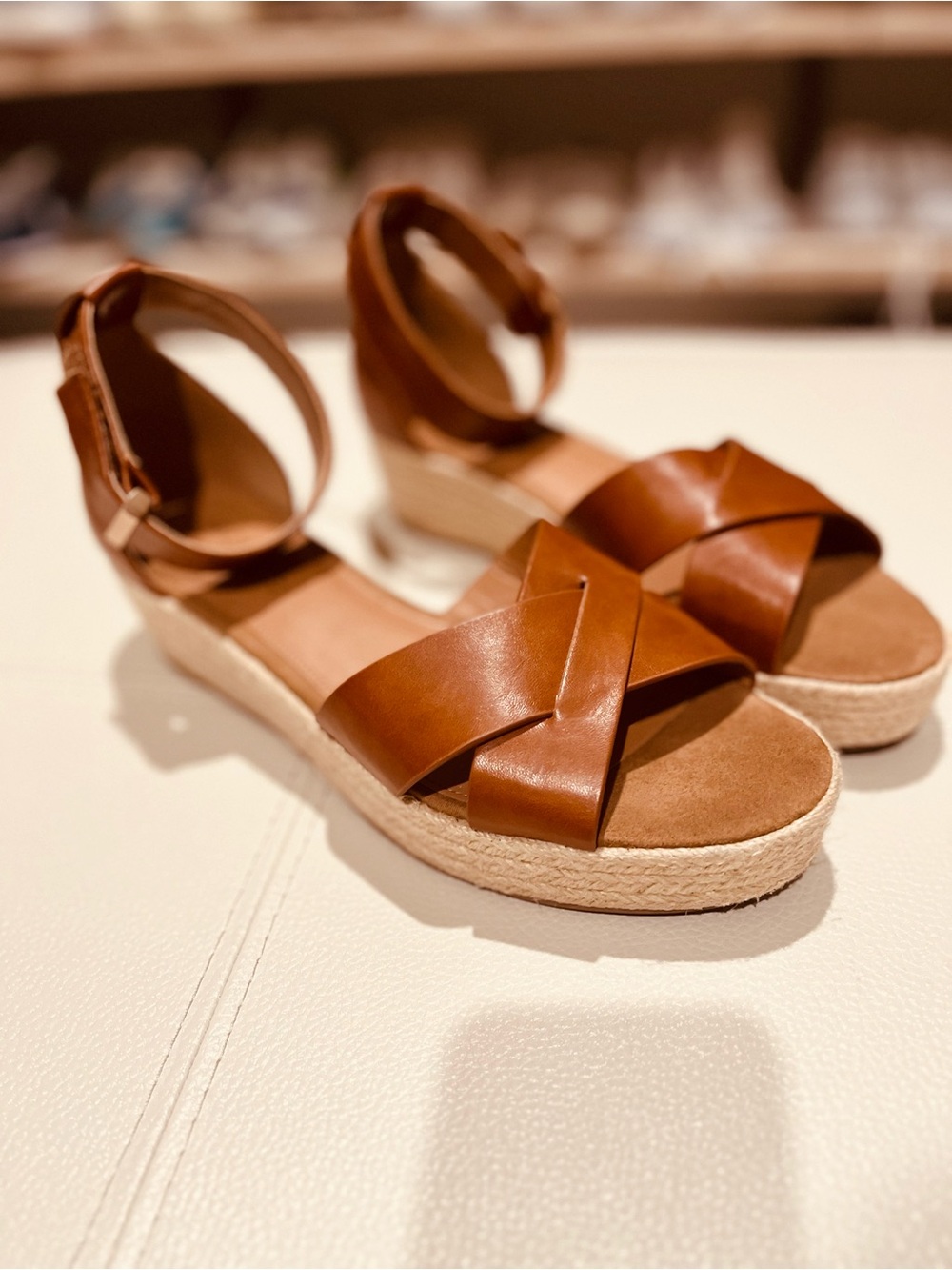 Michael Shannon Tan Leather Espadrille Wedge Sandals